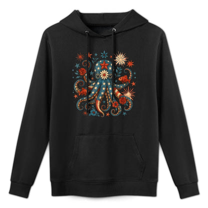 Vintage Floral Octopus Patriotic 4th of July Fireworks USA Cotton-Polyester Blend Hoodie