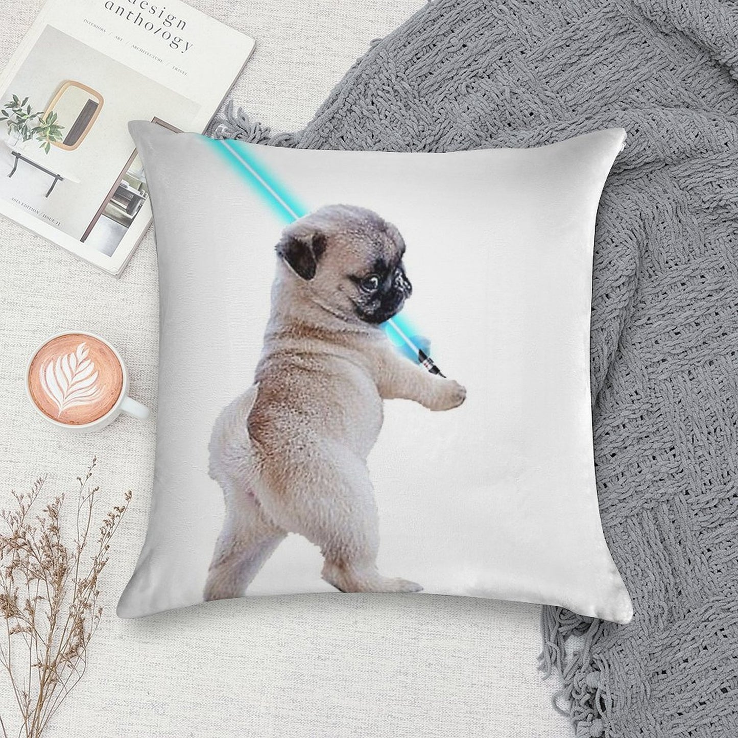 Pug with Lightsaber Soft Short Plush Fabric Throw Pillow