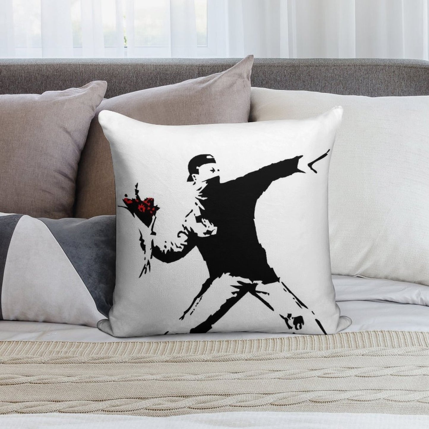 Banksy Flower Thrower! Soft Washable Throw Pillow