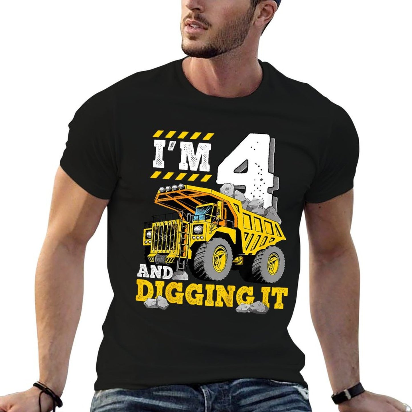 Four 4th Birthday Construction Truck 4yr Boy 4 Years Old  Rolled Sleeves T-Shirt