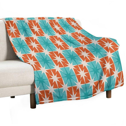 Mid Century Modern Atomic Stars Retro Checkered Starburst Pattern in Teal Turquoise Orange Shrink-resistant Throw Blanket
