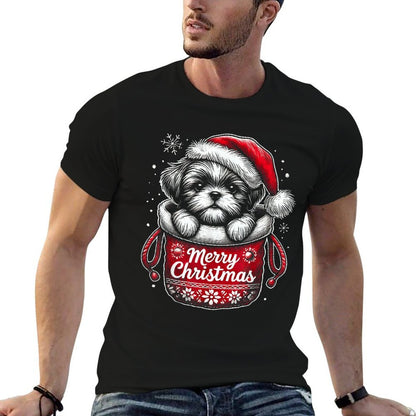 Merry Christmas Shih Tzu Graphic  Summer-ready Fabric T-Shirt