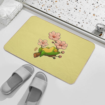 Relaxing Frog on Branch with Cherry Blossoms – Cute Asian Style Frog Illustration  Rapid-Drying Bath Mat