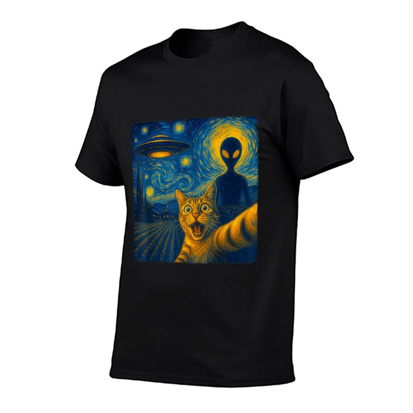 Cat Selfie with Alien UFO Van Gogh Art Gifts Men Women Kid  Oversized Silhouette T-Shirt