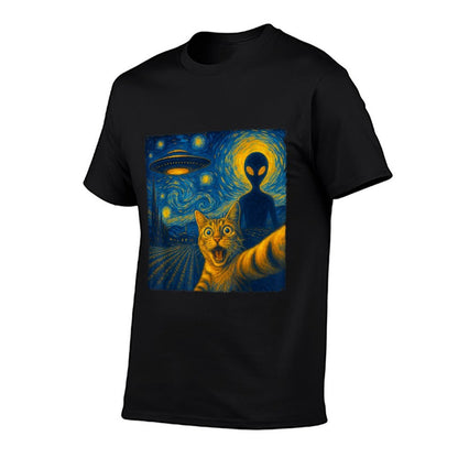 Cat Selfie with Alien UFO Van Gogh Art Gifts Men Women Kid  Oversized Silhouette T-Shirt