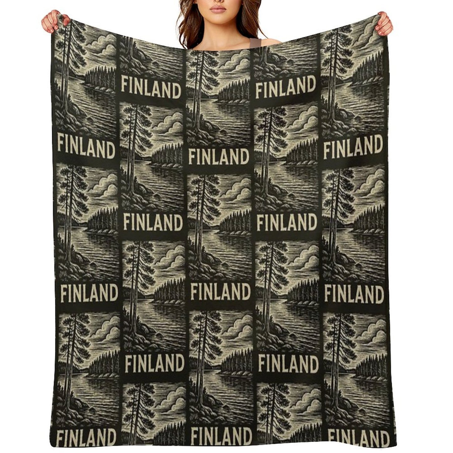 Finland Linocut Style Quick-dry Throw Blanket