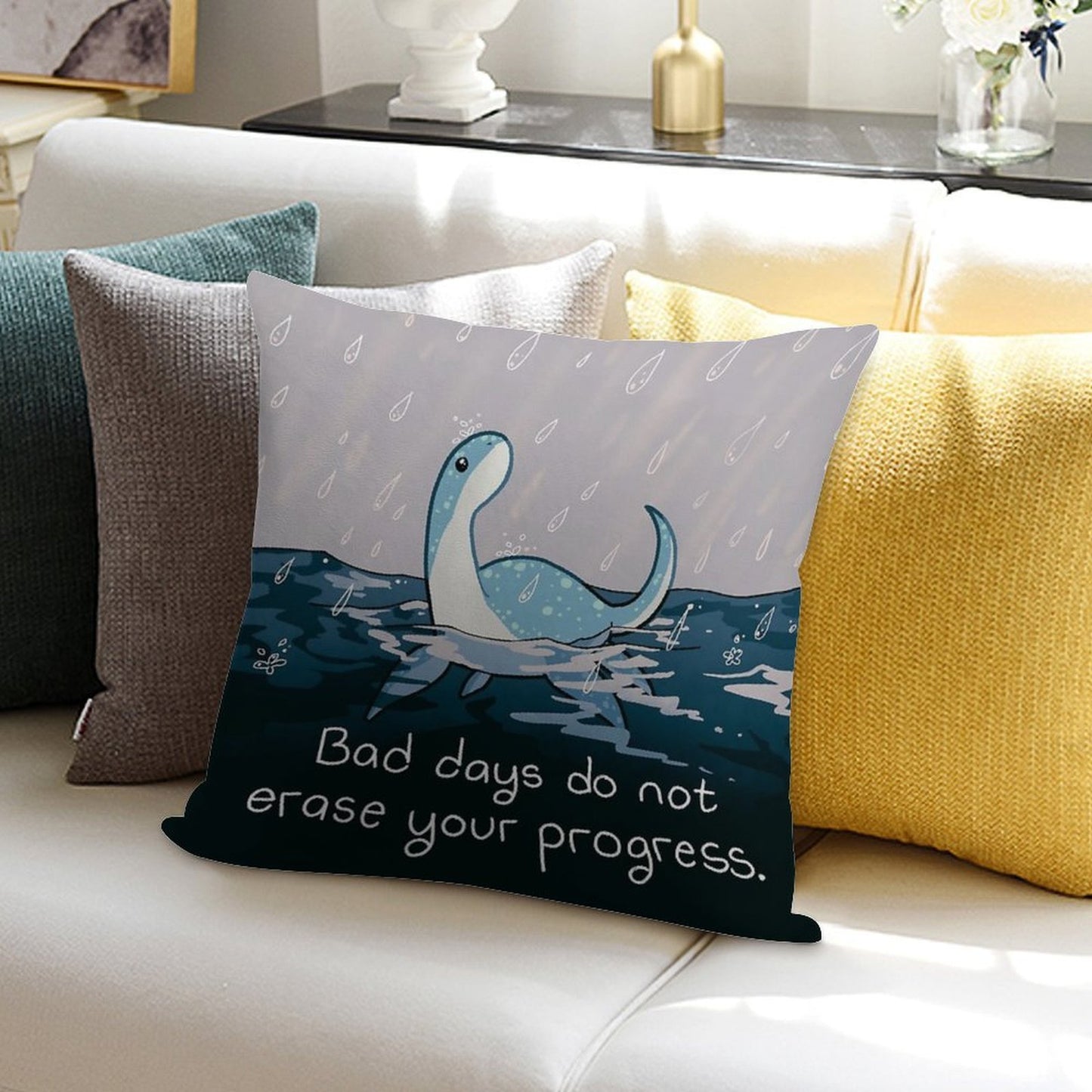 Bad Days Do Not Erase Your Progress Rainy Loch Ness Nessie Soft Durable Construction Throw Pillow