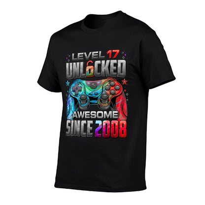 Level 17 Unlocked Awesome Since 2008 17th Birthday Gaming  Heathered Texture T-Shirt