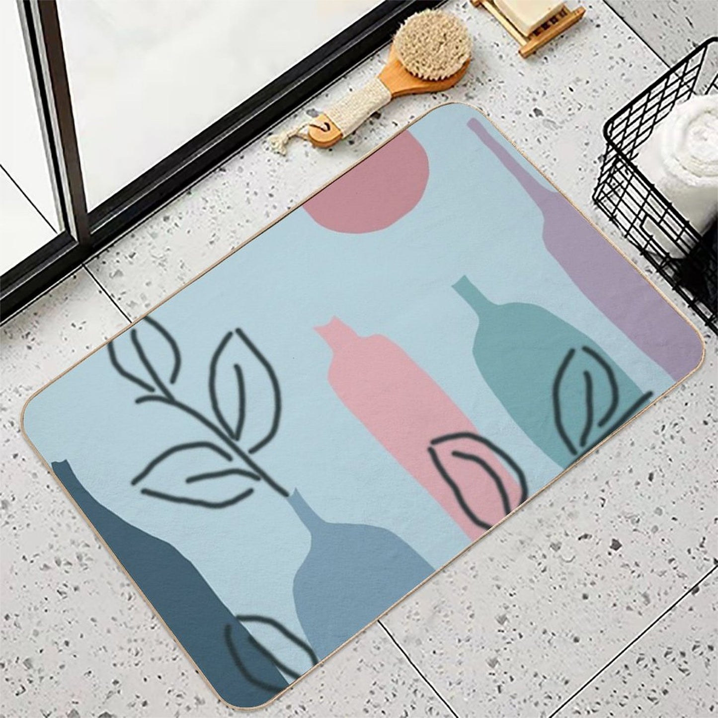 Bottels Blue Leaves  Easy To Clean Bath Mat
