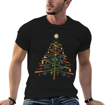 Fishing Rod Christmas Tree Funny Xmas Fisherman  Heathered Texture T-Shirt