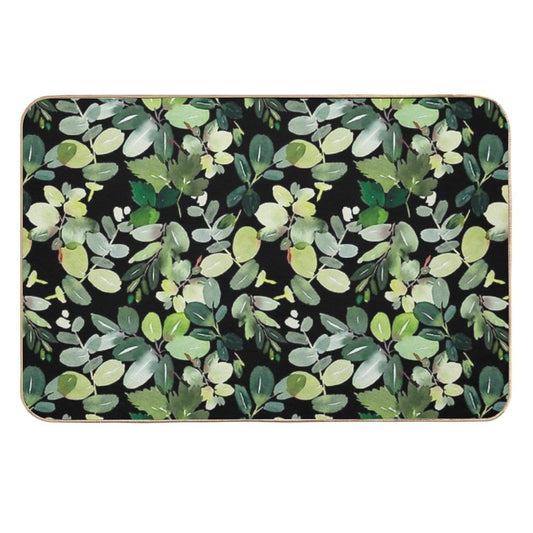 Green Foliage on Black  Toxin-Free Bath Mat