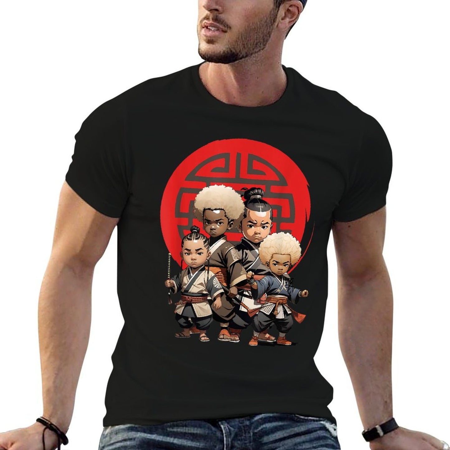 Samurai Boy Anime Afro  Japanese Retro Style  Rolled Sleeves T-Shirt