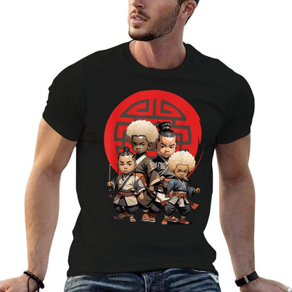 Samurai Boy Anime Afro  Japanese Retro Style  Rolled Sleeves T-Shirt