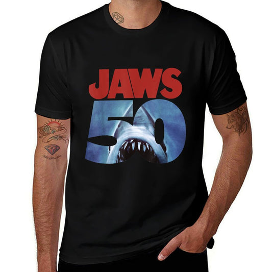 Jaws 50th Anniversary Logo Front & Back Fade-proof Color T-Shirt