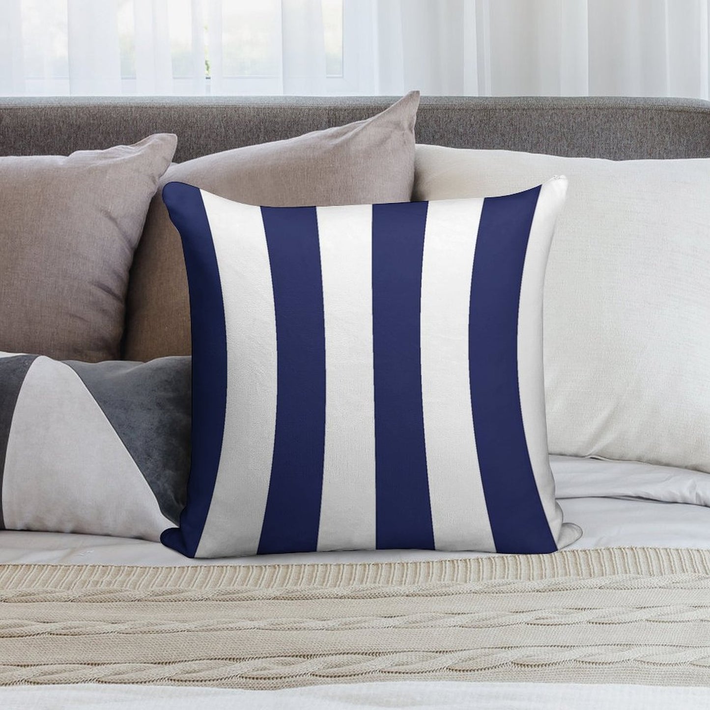 Navy Blue And White Stripes, Vertical Awning Stripes Soft Skin-Friendly Throw Pillow