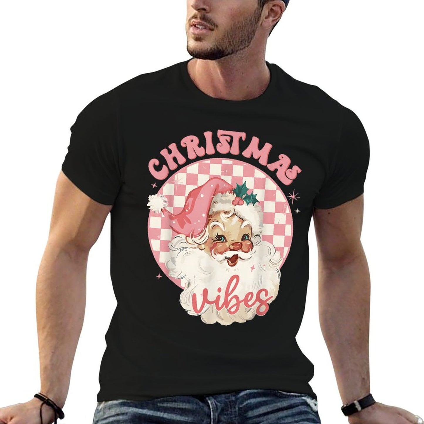 Christmas Vibes Pink Santa Claus Disco Vintage Xmas Holiday Comfortable T-Shirt
