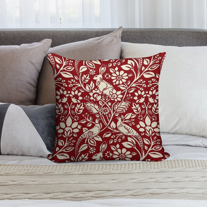 Pheasant And Hare Pattern, Deep Red And Cream Soft Gift Ready Throw Pillow
