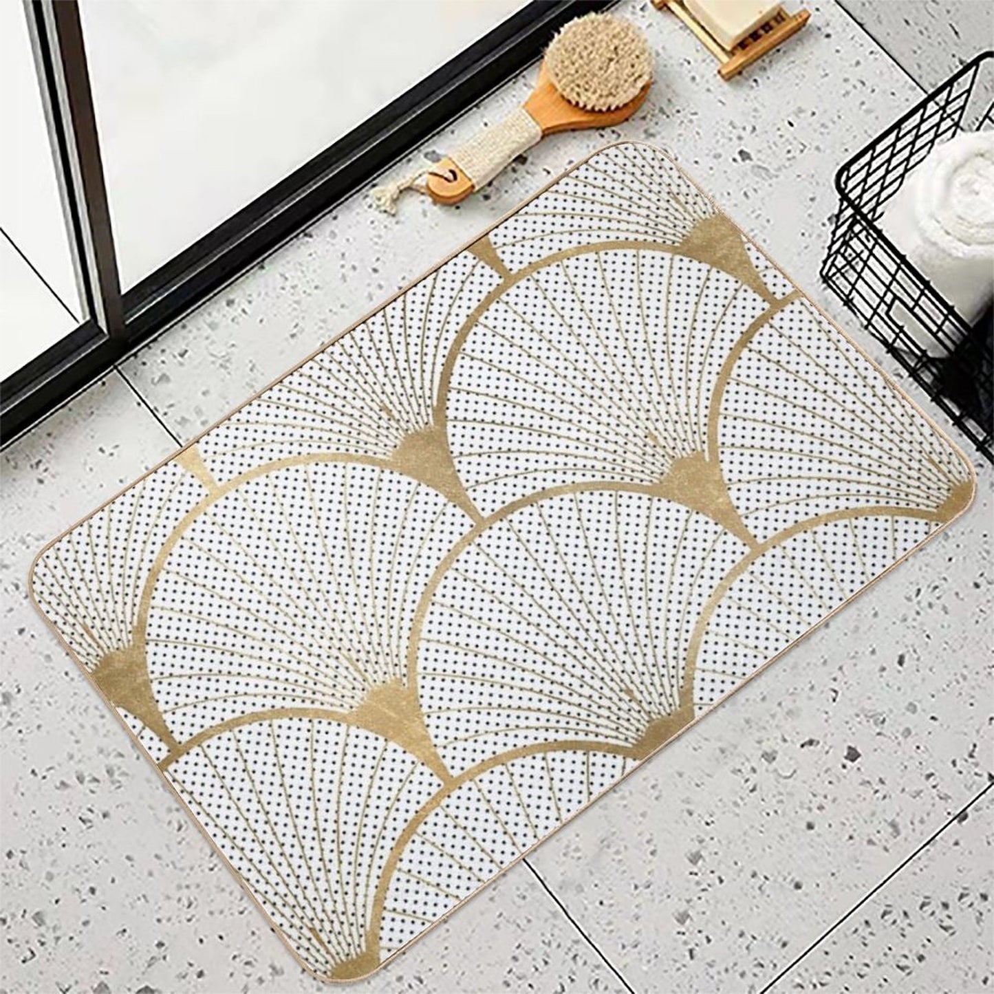 Art Deco Pattern - Golden Polkadot Fans  Easy To Clean Bath Mat