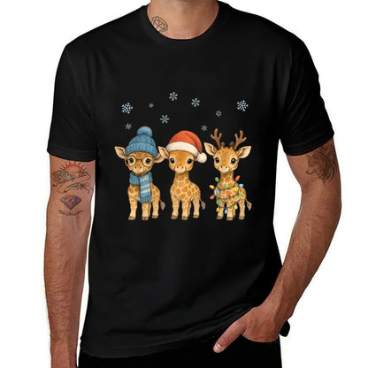 Baby Giraffe Christmas Lights Santa Hat Reindeer Women Kids  Graphic-printed T-Shirt