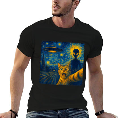 Cat Selfie with Alien UFO Van Gogh Art Gifts Men Women Kid  Oversized Silhouette T-Shirt