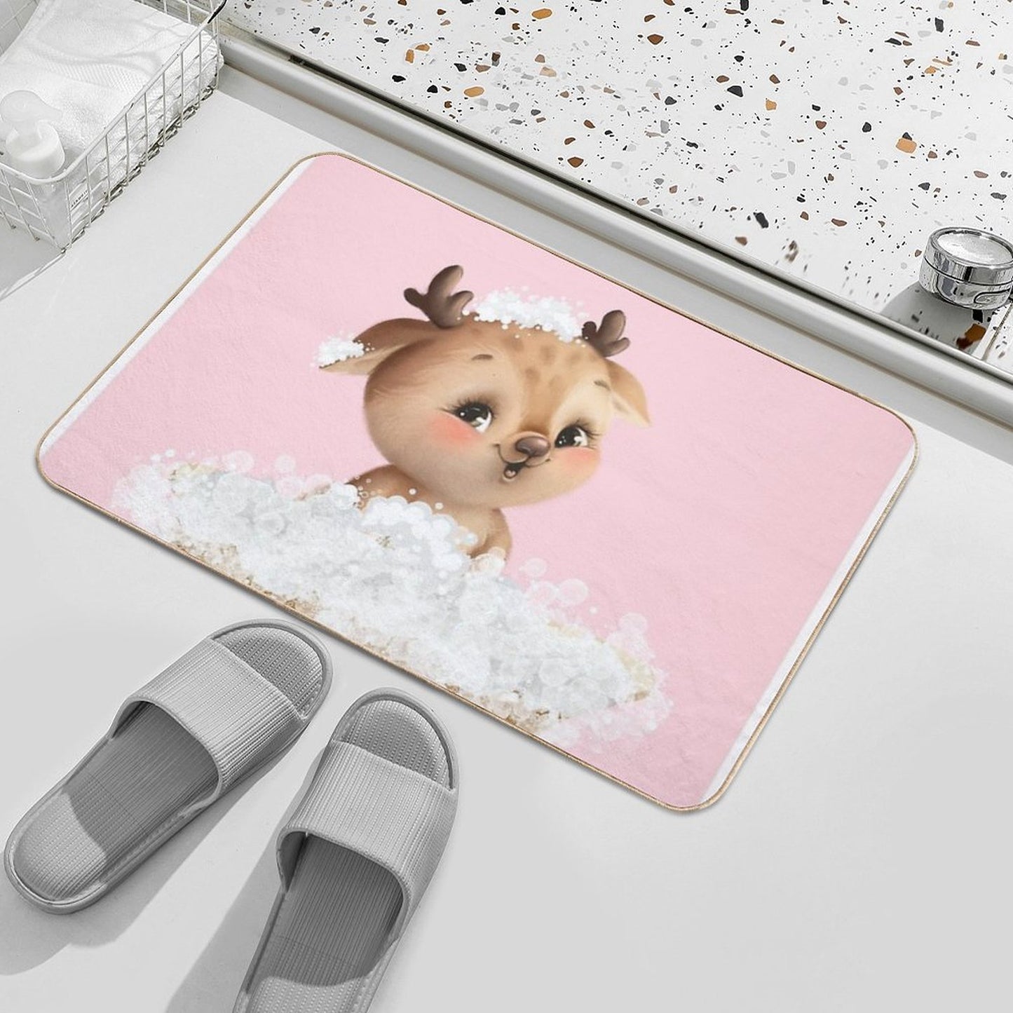 Baby Reindeer in A Bathtub, Girls Bathroom Print, Baby Animals in Tub, Whimsy Animal, Kids Bathroom Art  Easy Maintenance Bath Mat