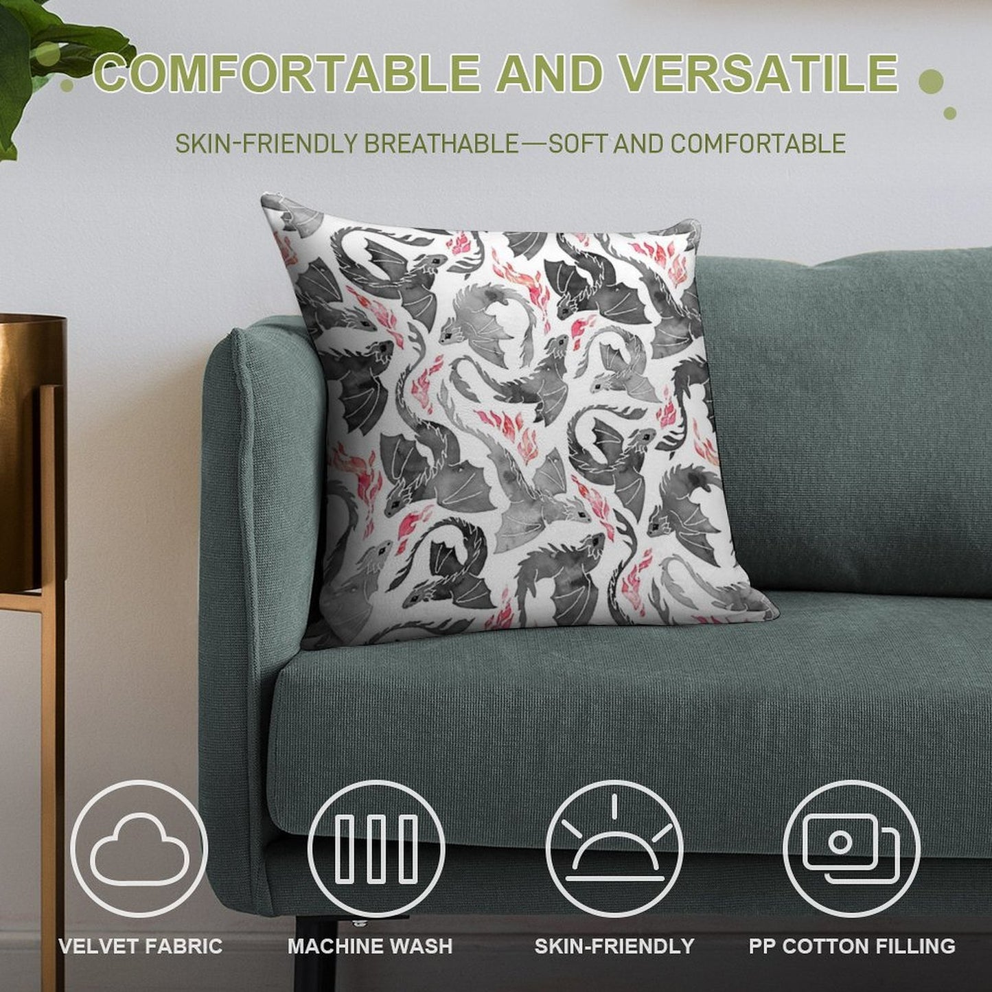 Dragon Fire Greys & Blacks Soft Decorative Cover Throw Pillow