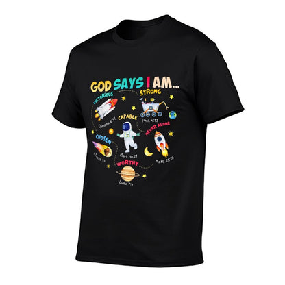God Says I Am Outer Space Themed Bible Christian Kids Boys  Tagless Design T-Shirt