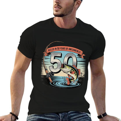 Fishing 50th Birthday – Reeled in 50 Years of Awesomeness Premium  Stretchy T-Shirt