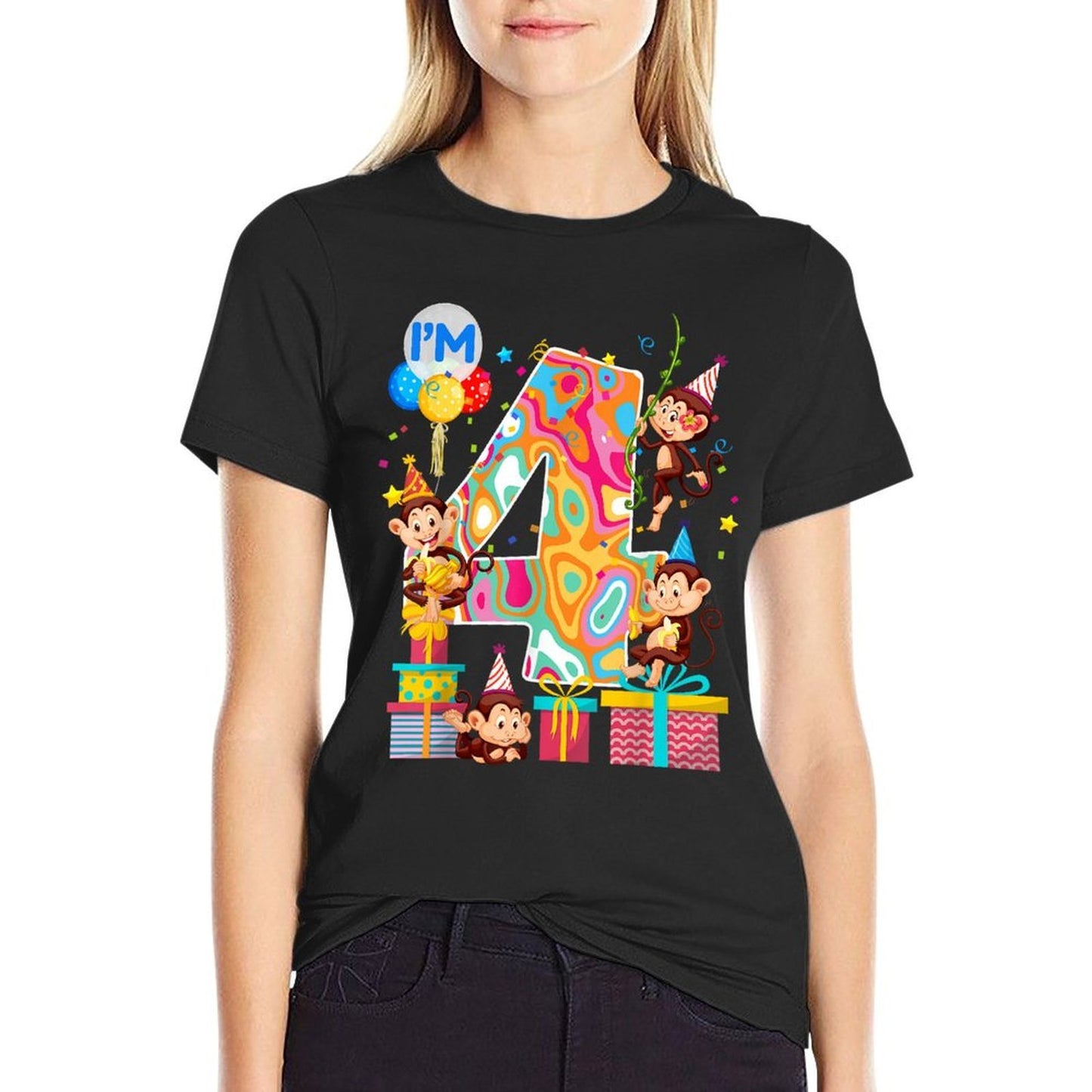 4th B-Day Monkey Birthday Zoo Animal 4 Year Old Funny  Tagless Design T-Shirt