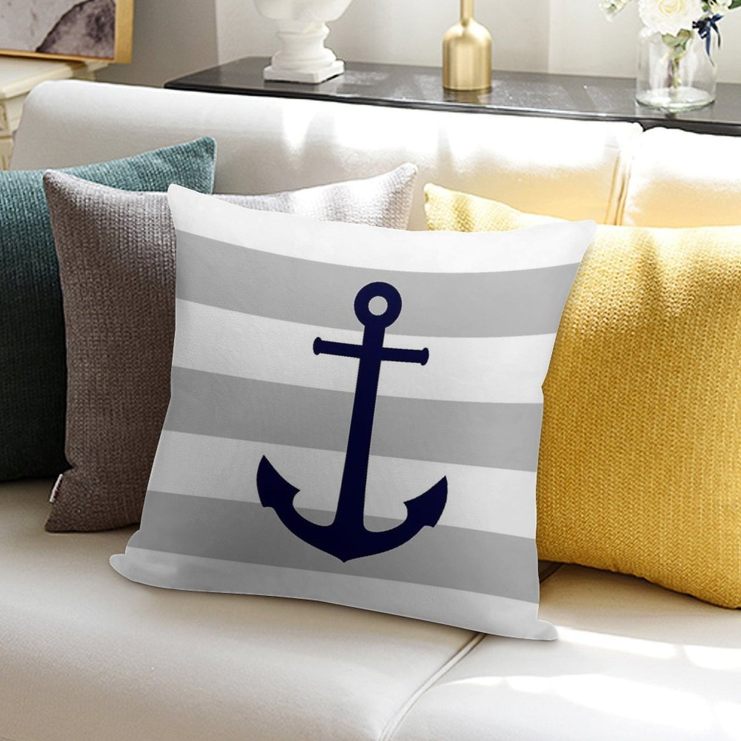 Nautical Navy Blue Anchor On Gray Stripes Soft High-Density Material Throw Pillow