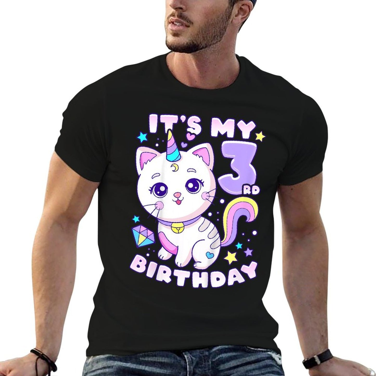 Kids Birthday Girl 3 Years Old, Cat, Unicorn, 3rd Birthday  High-quality Stitching T-Shirt