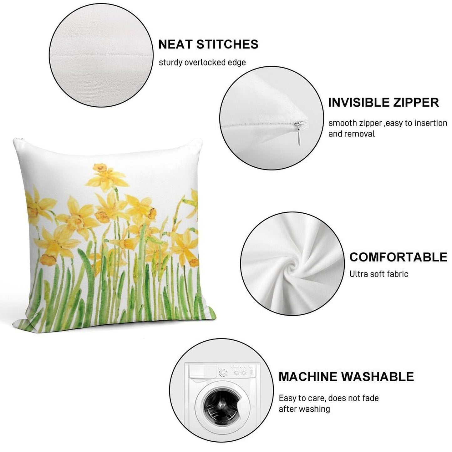 Hand Painted Yellow Daffodils Field Watercolor Soft Shrink-Resistant Throw Pillow