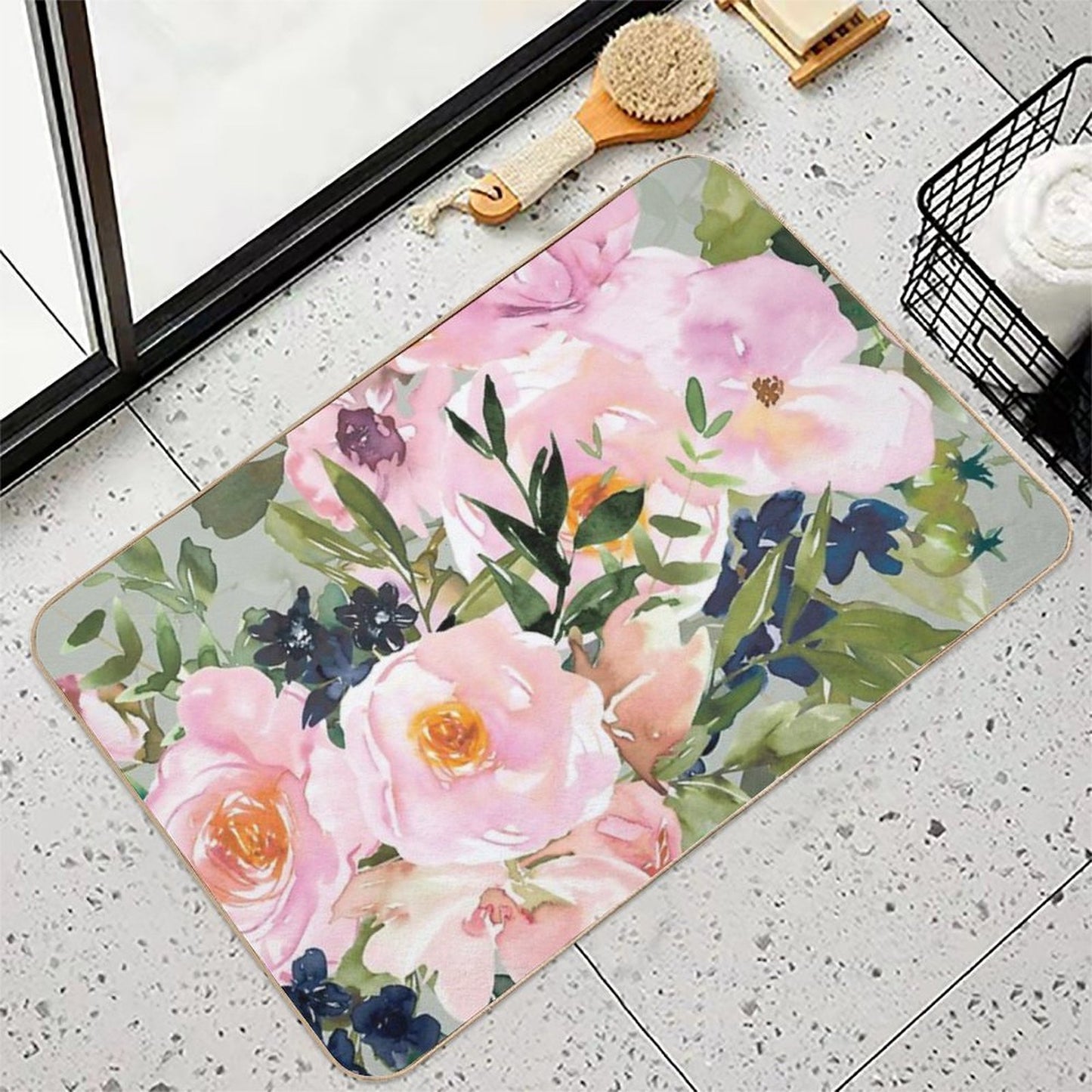 Floral Watercolor Rose Bouquet, Green And Pink  High-Traffic Bath Mat