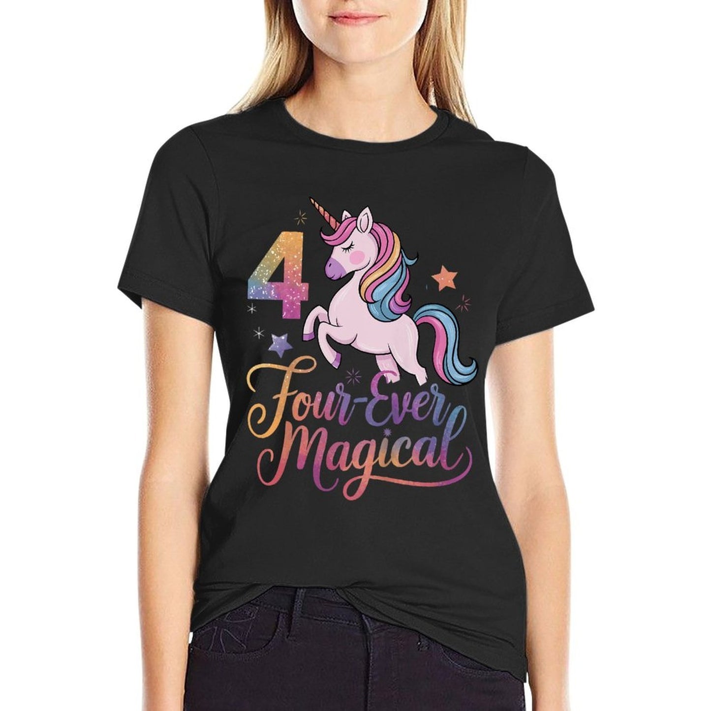 Four-Ever Magical Unicorn Outfit 4th Birthday for Kids  Oversized Silhouette T-Shirt