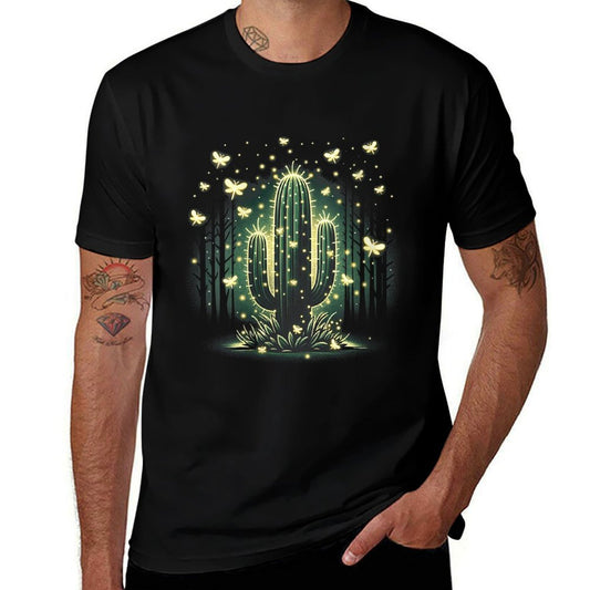 Womens Firefly Glow Cactus - Mystical Forest Night  Ribbed Collar T-Shirt