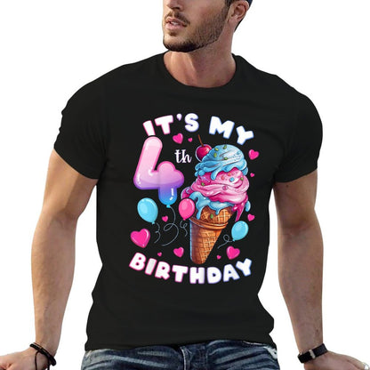 Kids 4th Birthday Girl 4 Years, Ice Cream, Number 4 Comfortable T-Shirt