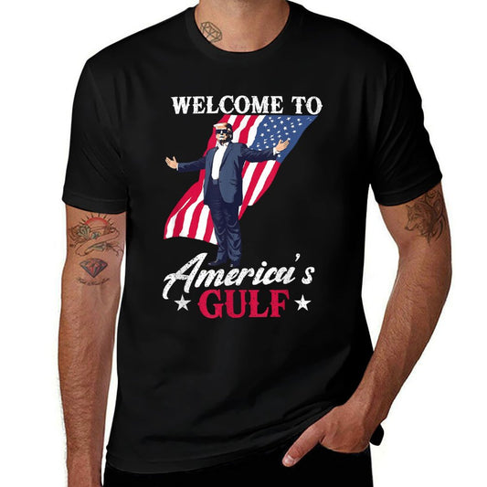 Gulf of USA America Funny USA Flag Ribbed Collar T-Shirt