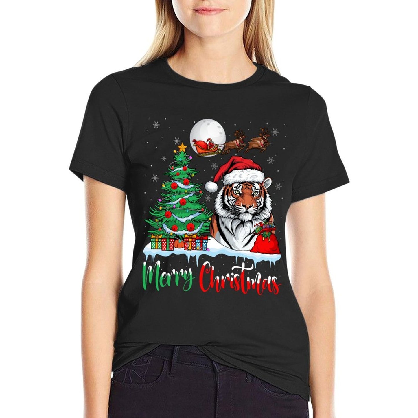 Tiger Lover Santa Hat Xmas Lights Merry Christmas Tiger  Stretchy T-Shirt