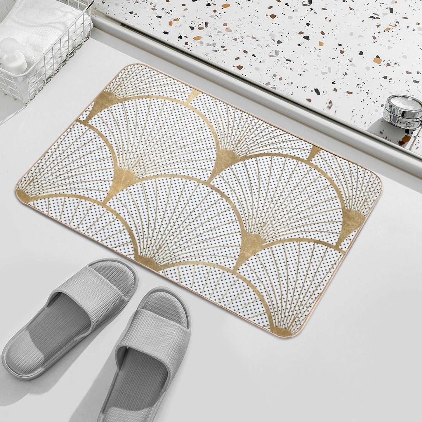Art Deco Pattern - Golden Polkadot Fans  Easy To Clean Bath Mat