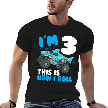 Shark Monster Truck Birthday Party Toddler Is Three Years  Summer-ready Fabric T-Shirt
