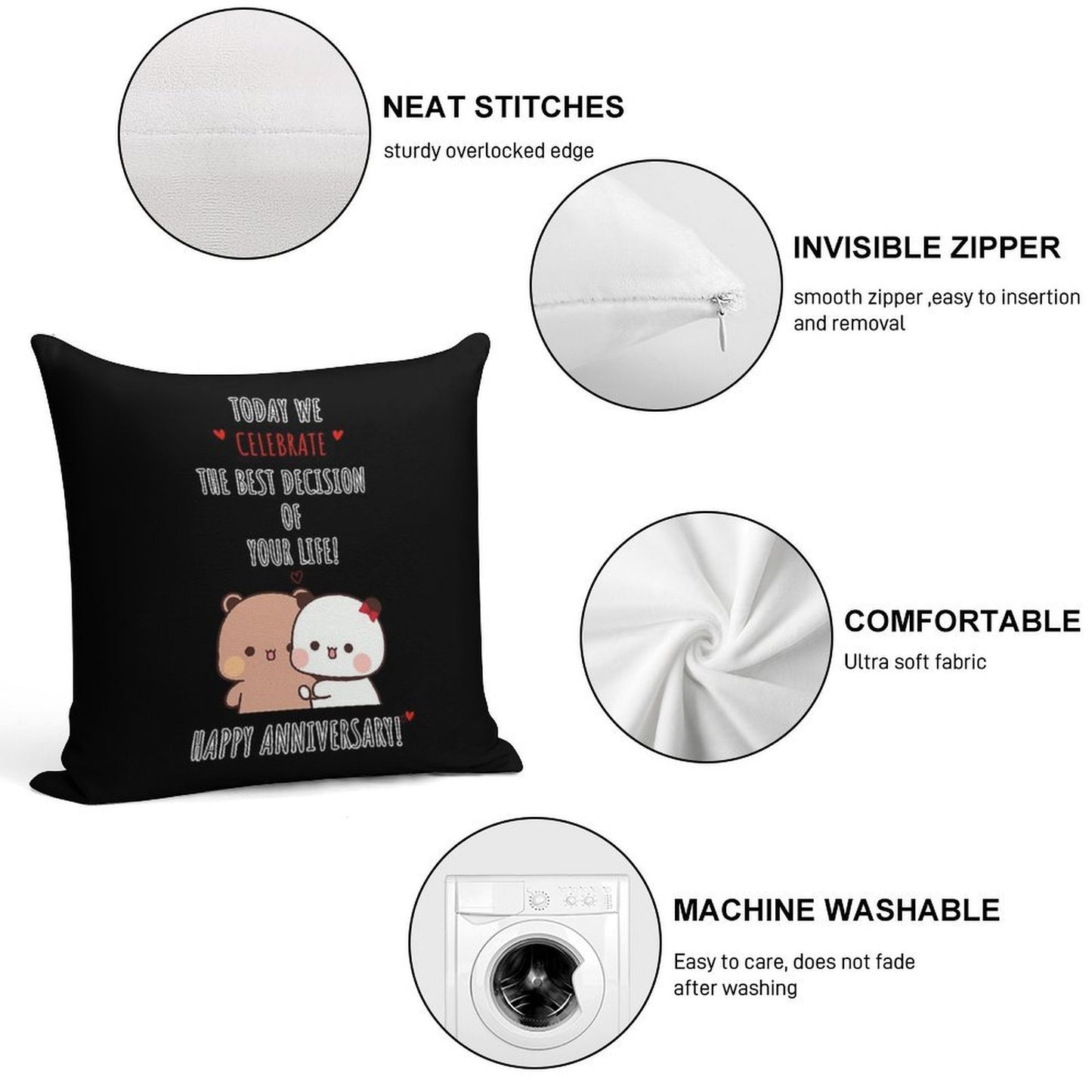 Happy Anniversary from DuDu Bear And BuBu Panda Soft Skin-Friendly Throw Pillow