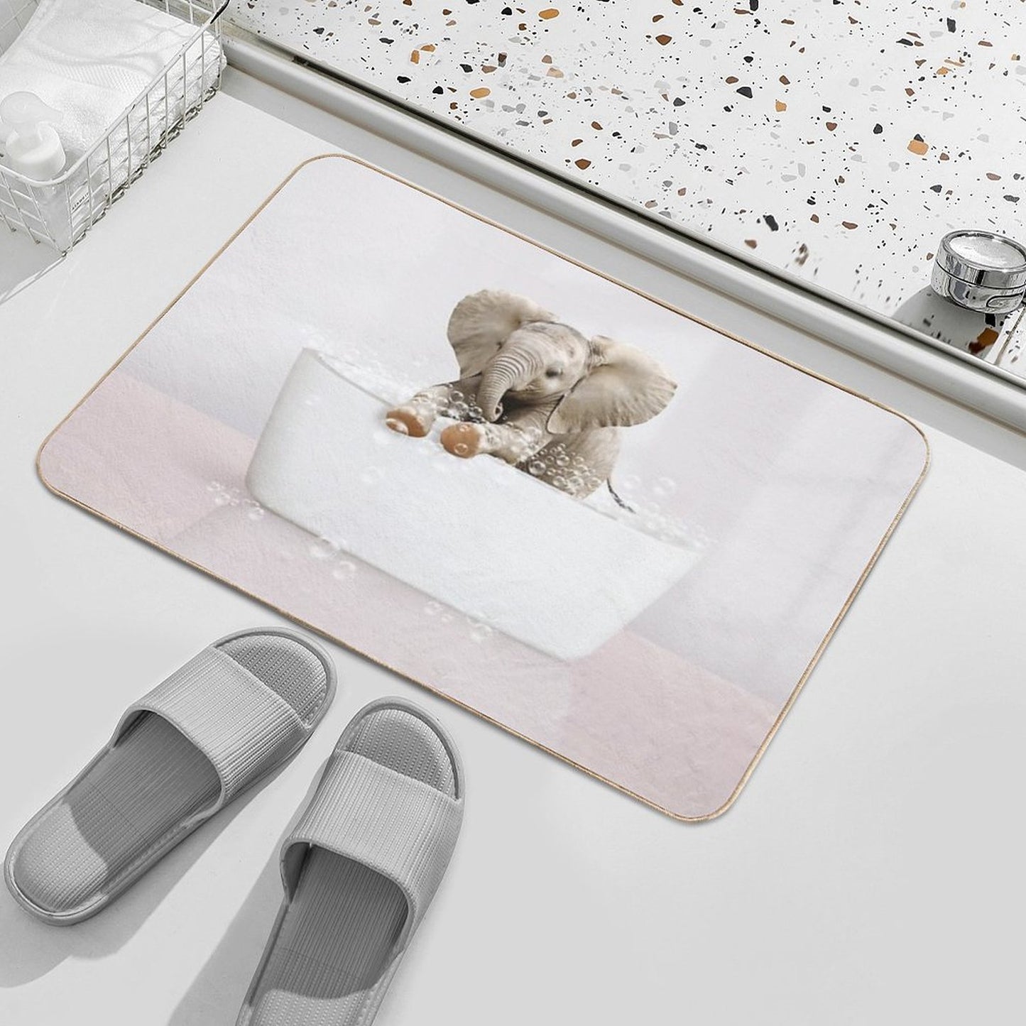 Baby Elephant  in Modern Bathtub Pink Print, Baby Elephant Bathing, Animals in Bathtub Art by Synplus  Easy To Clean Bath Mat