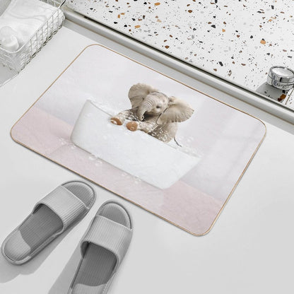 Baby Elephant  in Modern Bathtub Pink Print, Baby Elephant Bathing, Animals in Bathtub Art by Synplus  Easy To Clean Bath Mat