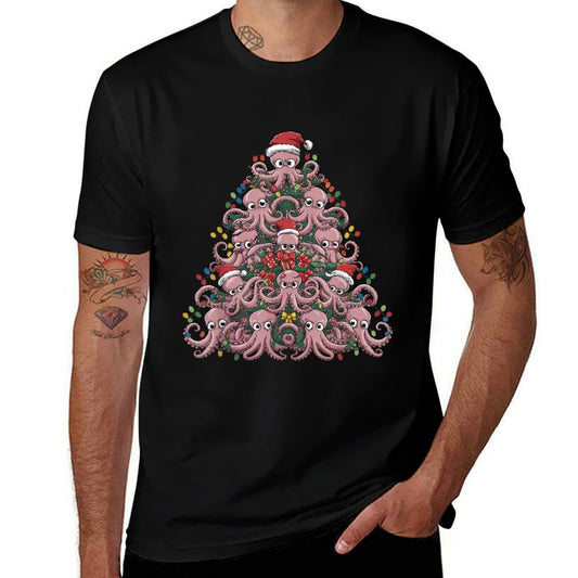 Octopus Xmas Lighting Santa Funny Octopus Christmas Tree  Heathered Texture T-Shirt