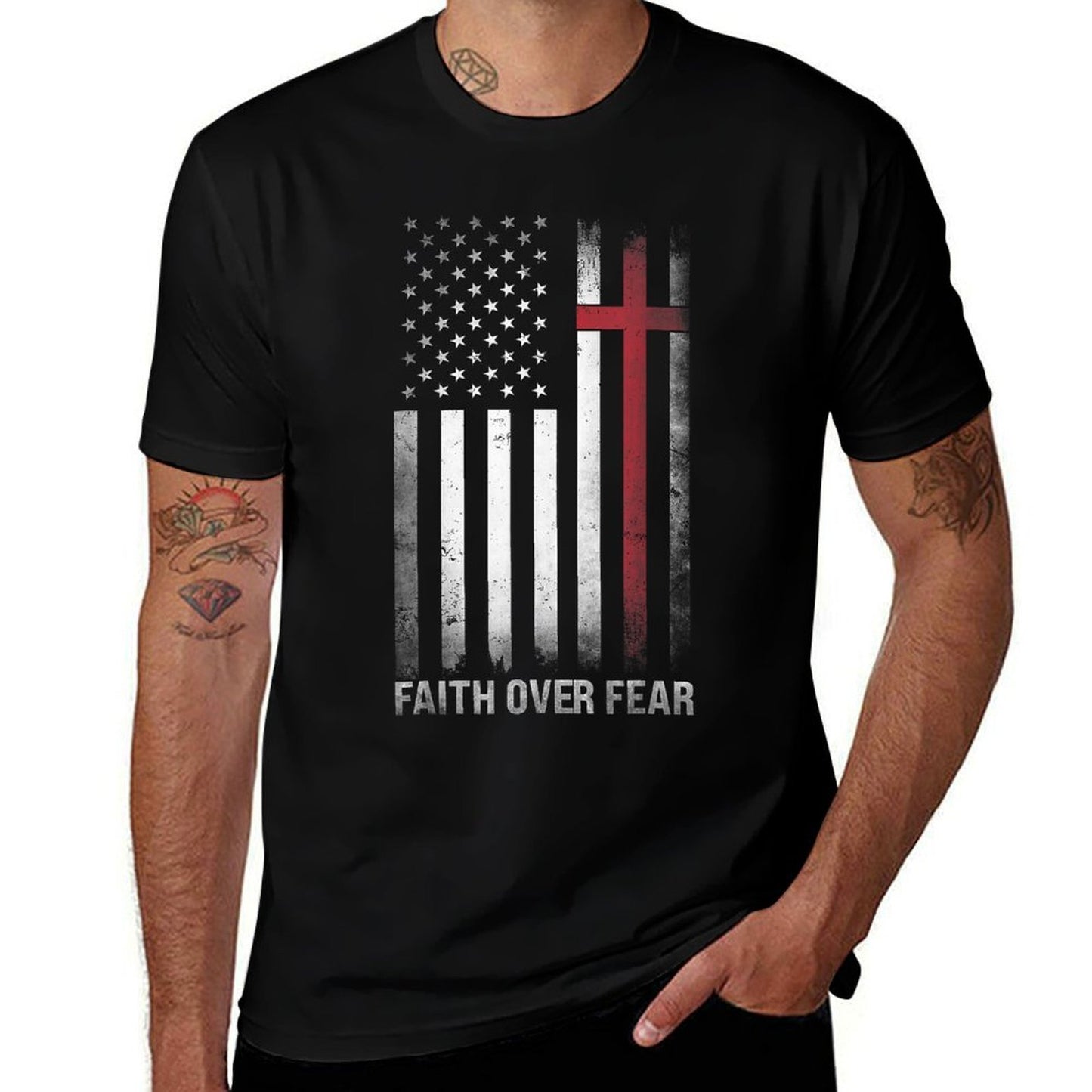 Christian US USA Flag American Christ Faith Over Fear Cross  Breathable T-Shirt