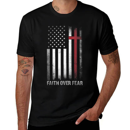 Christian US USA Flag American Christ Faith Over Fear Cross  Breathable T-Shirt