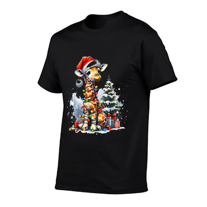 Cute Festive Giraffe Santa Hat Christmas Lights Snow Winter  Cotton T-Shirt