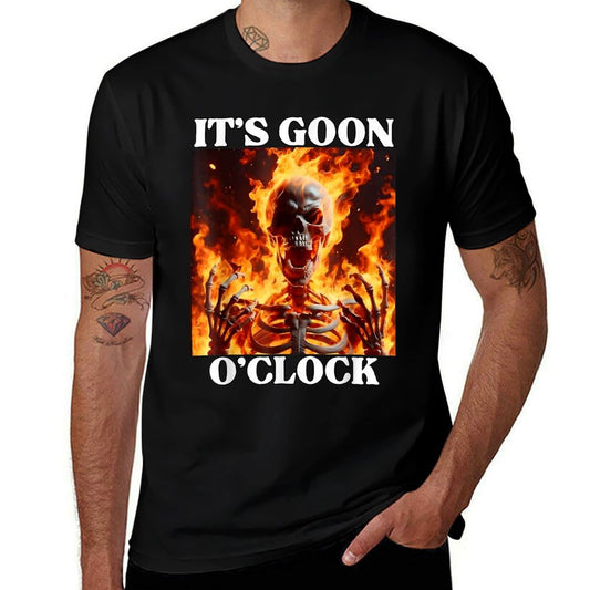 Gooning O&#39;clock Funny Cringe Hard Skeleton Meme Flames  Relaxed-fit T-Shirt