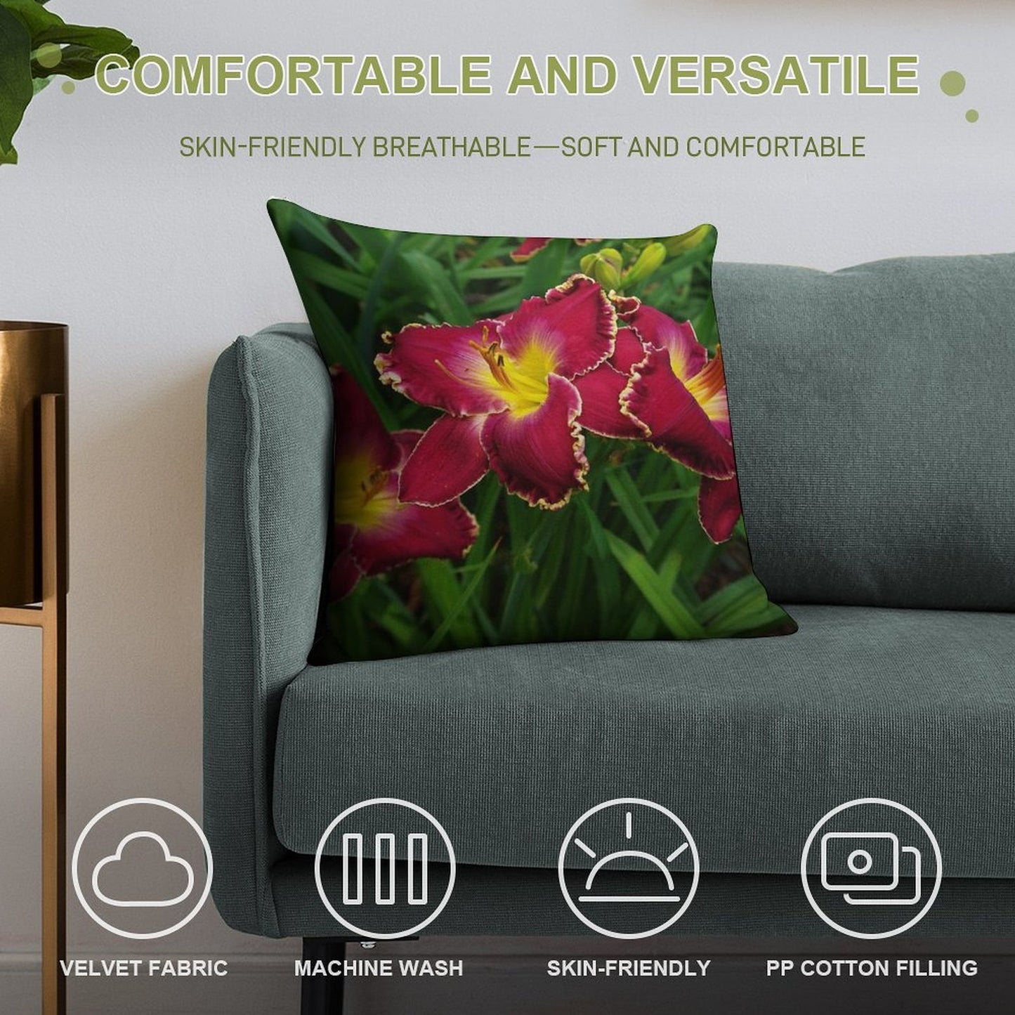 Rich Red Daylilies Soft Washable Throw Pillow