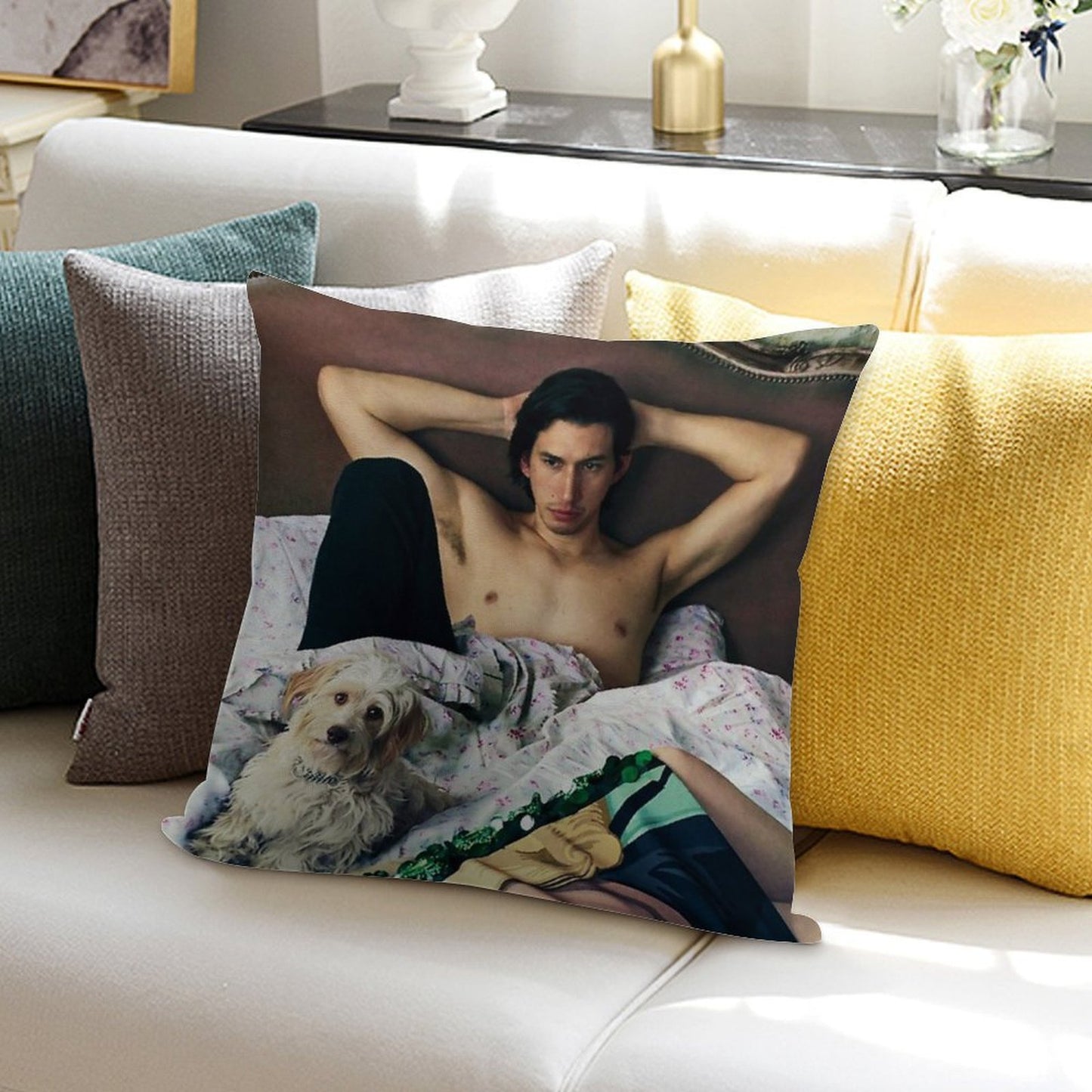 Adam Driver with Dog Photosession Soft Decorative Cover Throw Pillow